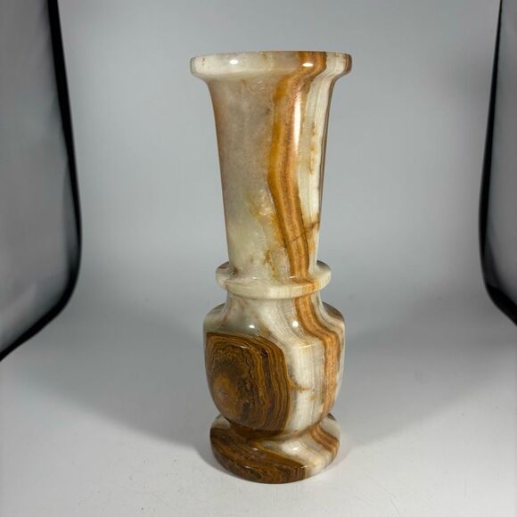 Marbled Onyx Stone Vintage Green Tan Caramel Orange Brown Vase Solid - Picture 2 of 5